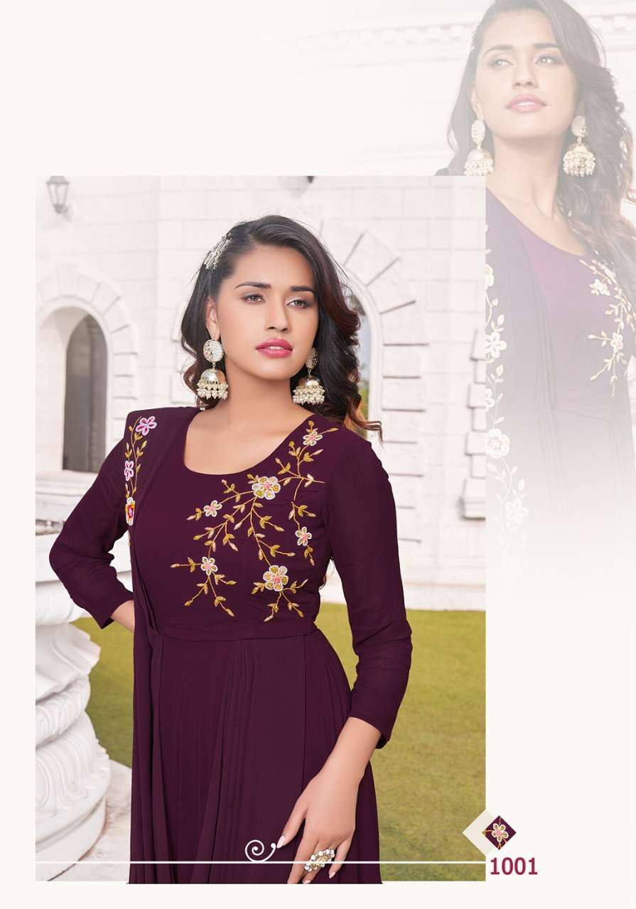 S3forever- Retro Vol 1-Fabric-Gorgette-Handwork-Long-Gown-Kurti-With Inner-1001-C